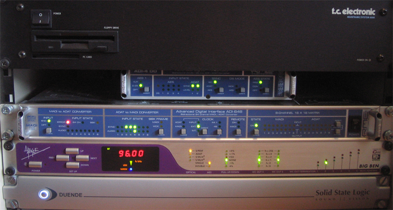 TC system 6000, RME ADI-4DD, RME ADI-648, Apogee Big Ben, SSL Duende